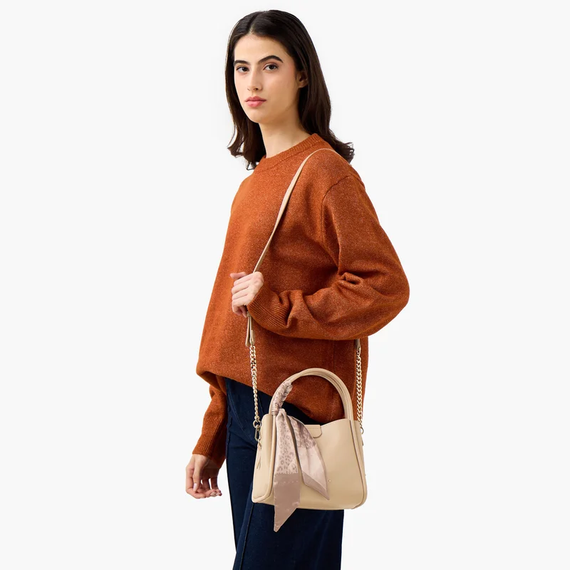 Sisley Sisley-Crossbody bag W/Textured PU w/scarf chained detailing-Skin-Q2-AW25